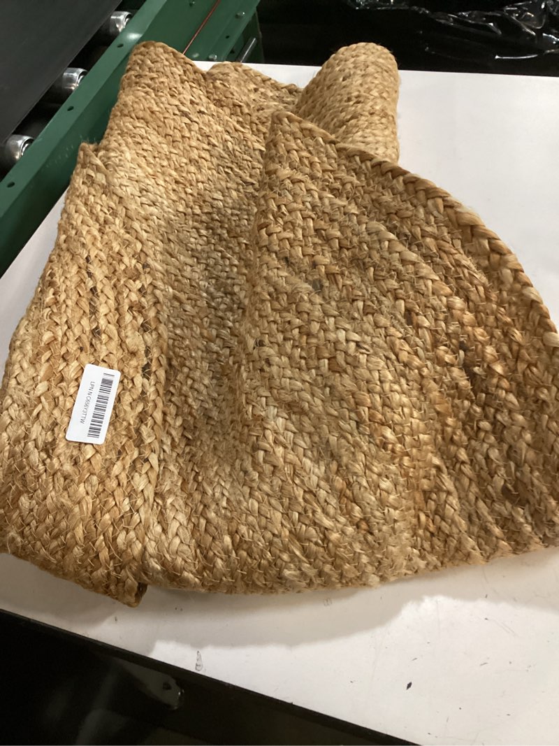 Condition photo showing Good Condition for jute braided area rug, natural - 4 feet round, boho neutral rattan circle hand woven rugs for living room, bedroom, nursery, kitchen, indoor use | farmhouse rustic patio floor mat for home décor natural 4' (round)