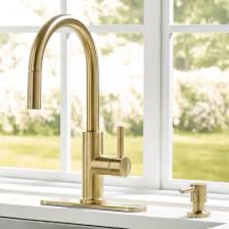allen + roth harlow simplefit brushed gold single handle deck-mount pull-down kitchen faucet with sprayer (includes deck plate) (includes soap dispenser)