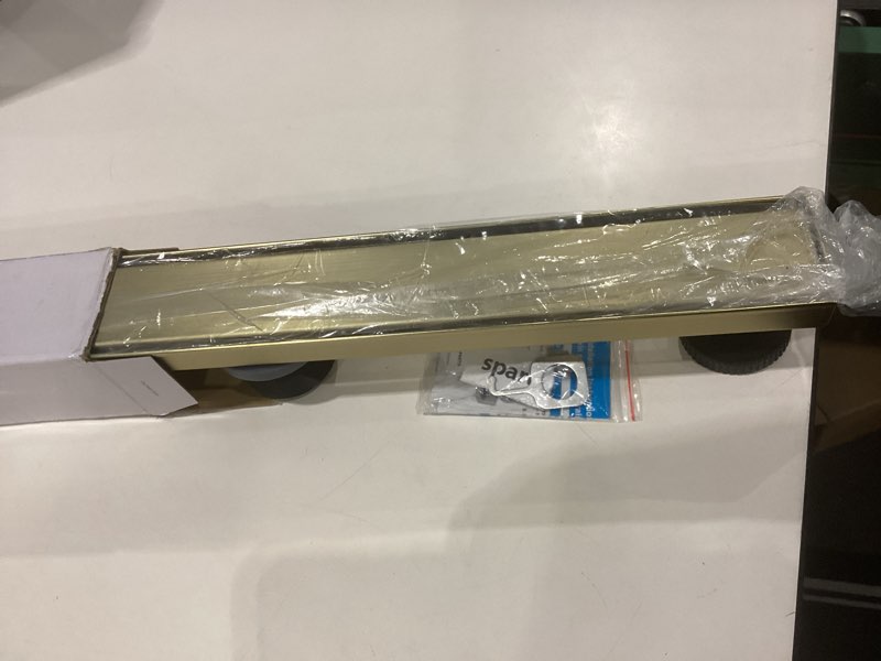 Condition photo showing New/Like New for linear shower drain ?with tile insert panels ?24 inch brushed gold 304 stainless steel rectangle shower floor drain?with hair catcher, adjustable feet 24inch brushed gold