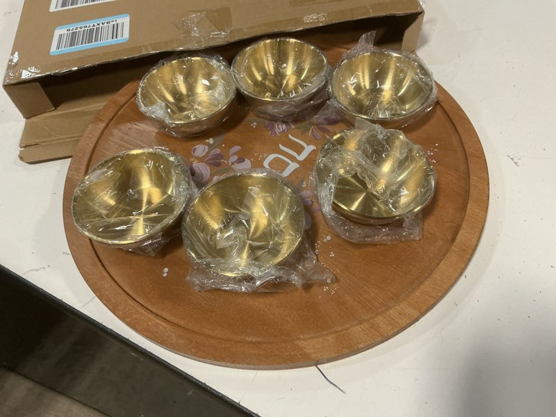 Condition photo showing Good Condition for 14 inch wooden passover seder plate with 6 gold metal dishes floral passover plates with hebrew “???” decorative wooden judaica plate for pesach seder table jewish holiday gift