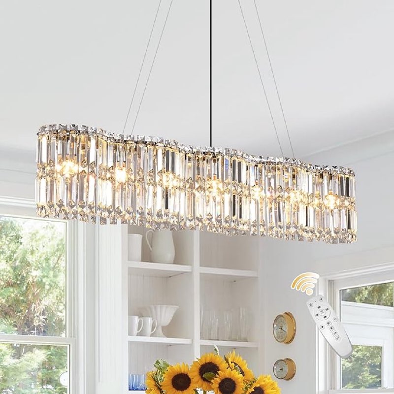 Chrome Rectangle Crystal Chandelier, 39\" Length, 6-Light, Modern Crystal Linear Chandeliers, for Dinning Room, Kitchen Island, Bar similar 