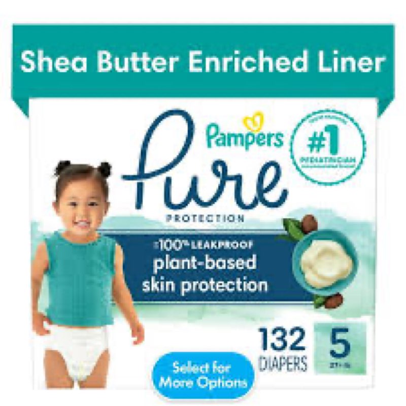 Pampers Pure Protection Baby Diapers, Size 5 (27+ lbs), 132 Count, Up to 100% Leakproof, Premium Pla