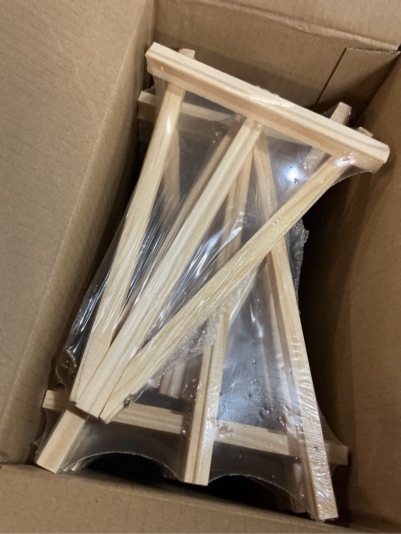 Condition photo showing New/Like New for 12 pack 9 inch wood easels, easel stand for painting canvases, art, and crafts, tripod, painting party easel, kids student tabletop easels for painting, portable canvas photo picture sign holder