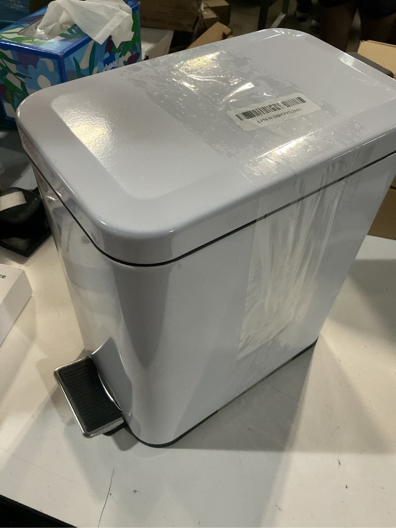 Condition photo showing As Is for homie soft close, slim trash can 3.2 gallon with anti - bag slip liner and lid, use as mini garbage basket, slim dust bin, or decor in bathroom, restroom, kitchen, or bedroom (shiny white) 3.2 gallon shiny white