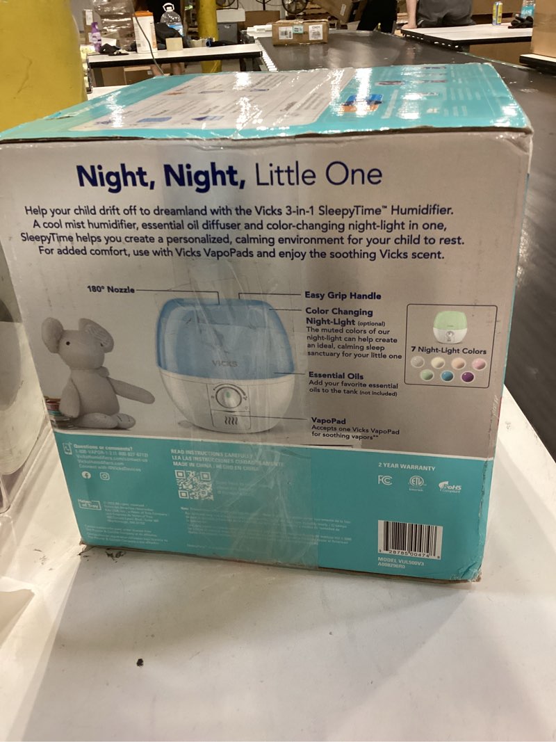 Condition photo showing Good Condition for vicks humidifier 3-in-1 sleepytime cool mist humidifier for baby & kids rooms with color changing night light and essential oil diffuser, white
