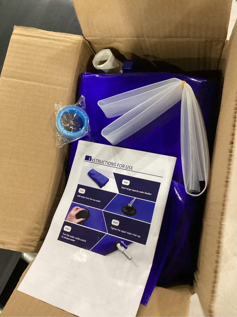 Condition photo showing New/Like New for water tank, 65 gallon water storage bladder, foldable portable water storage, large water storage containers with 3/4" pvc spigot and hose kit for camping, garden, emergency water bag blue 65gal