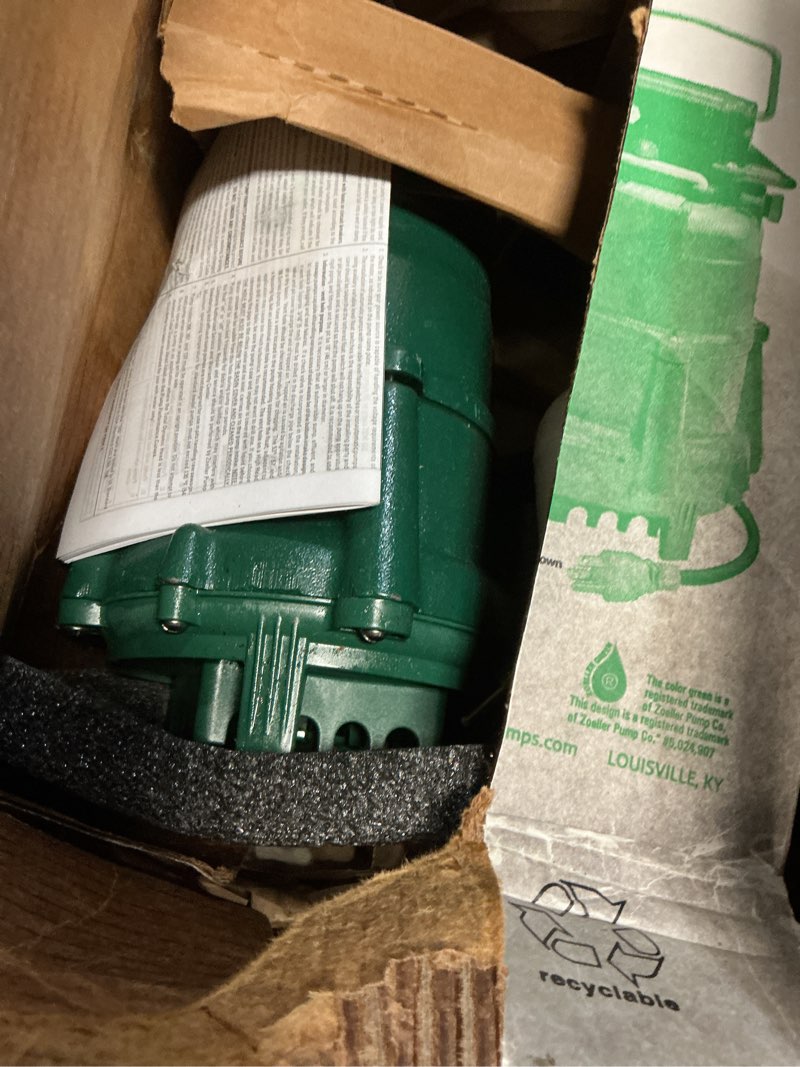 Condition photo showing As Is for zoeller m98 flow-mate sump pump - 1/2 hp - cast iron - led power plug - high flow - vortex impeller - stainless steel hardware - factory tested and float operated - submersible sump pump - 115v green submersible,sump pump