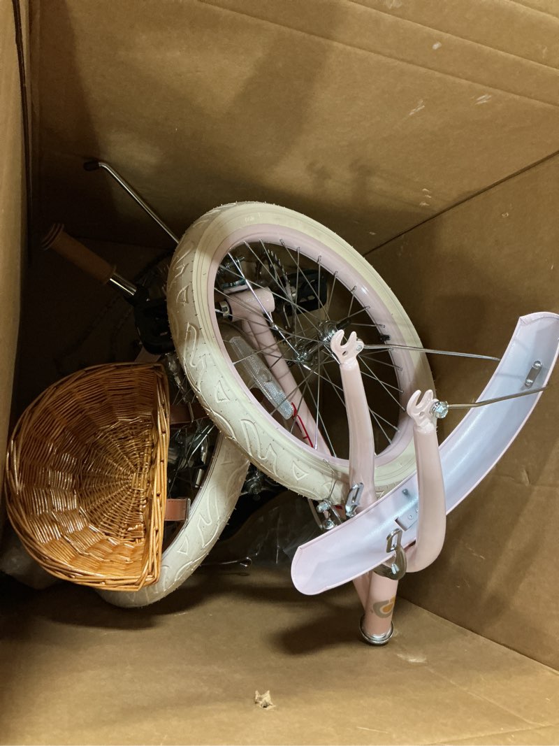 Condition photo showing As Is for aceger girls bike with basket, kids bicycle for 3-13 years, included coaster brake & caliper brake, 14 16 18 inch with training wheels, 20 24 26 inch with kickstand but no training wheels pink 18 inch with training wheels & kickstand