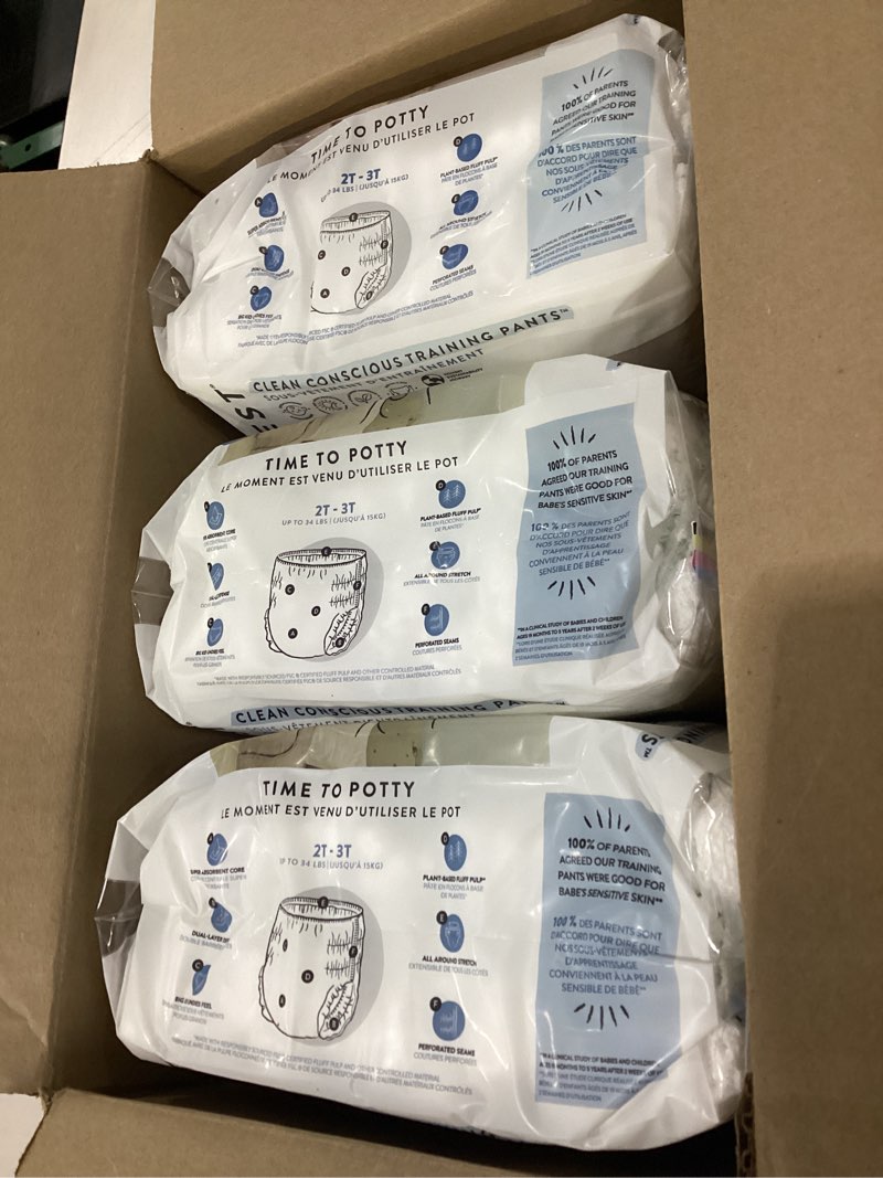 Condition photo showing New/Like New for the honest company clean conscious training pants for sensitive skin, hypoallergenic, fragrance-free, let's color see me rollin', size 2t/3t (up to 34 lbs), 66 count let's color + see me rollin' size 2t/3t 66