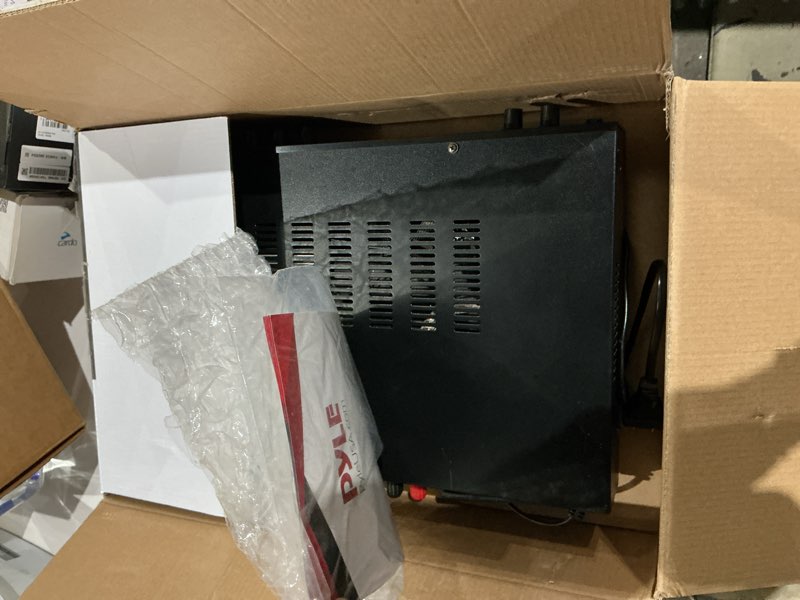 Condition photo showing As Is for pyle bluetooth home theater amplifier - 200 watts into 5 channels with subwoofer out, wireless streaming, usb/sd with mp3 player, rca input, fm radio, lcd display - pda7bu