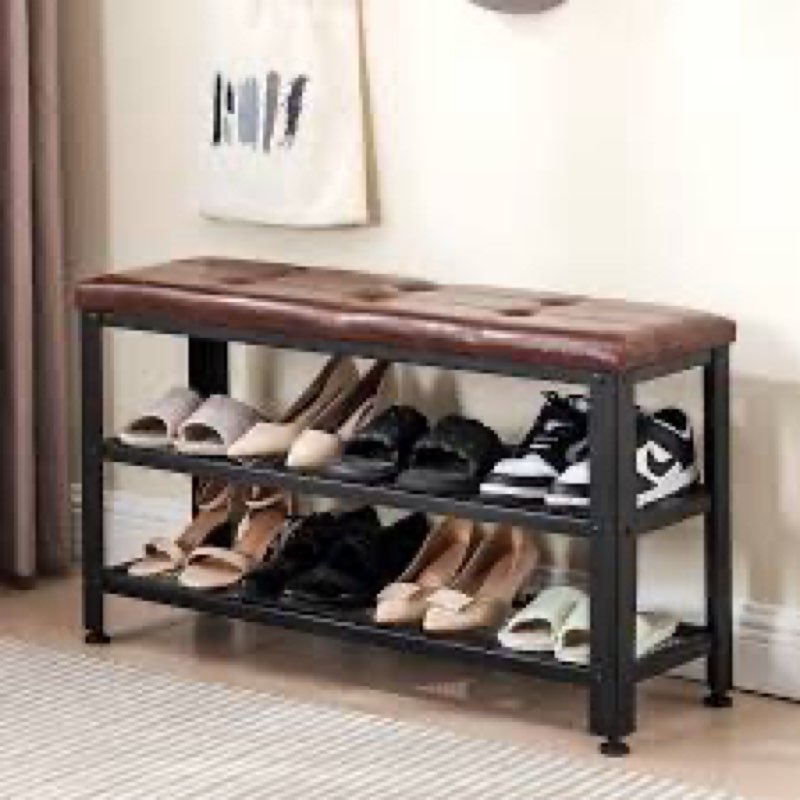 Apicizon 35.5\" Shoe Rack Bench, 3-Tier Entryway Bench, with Leather Seat and Metal Frame, Loads 300 lb, Suitable for Living Room, Hallway, Mudroom, Doorway, Rustic Brown