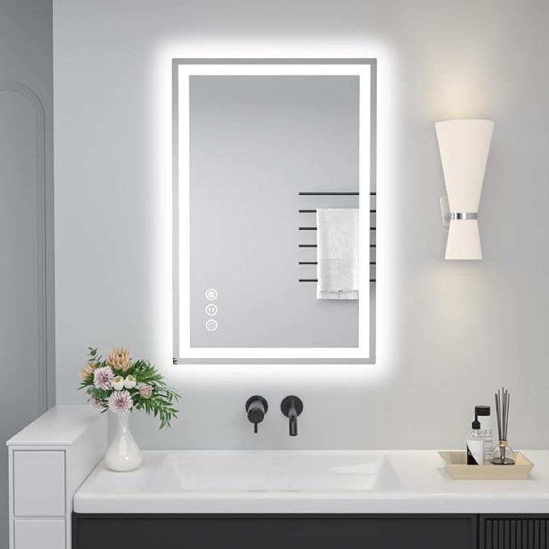 32*40 led bathroom mirror with lights, anti-fog, dimmable, backlit + front lit smart mirror, lighted bathroom vanity mirror for wall, shatter-proof tempered glass(horizontal/vertical) | front & backlit, memory function, hd tempered glass vanity mirror, anti-rust, etl certified, horizontal or vertical hanging