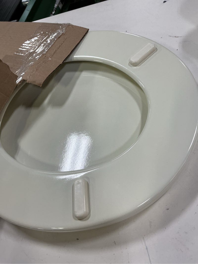 Condition photo showing As Is for bemis 500ec durable wood toilet seat with easy clean hinges, made in usa, round, biscuit biscuit round
