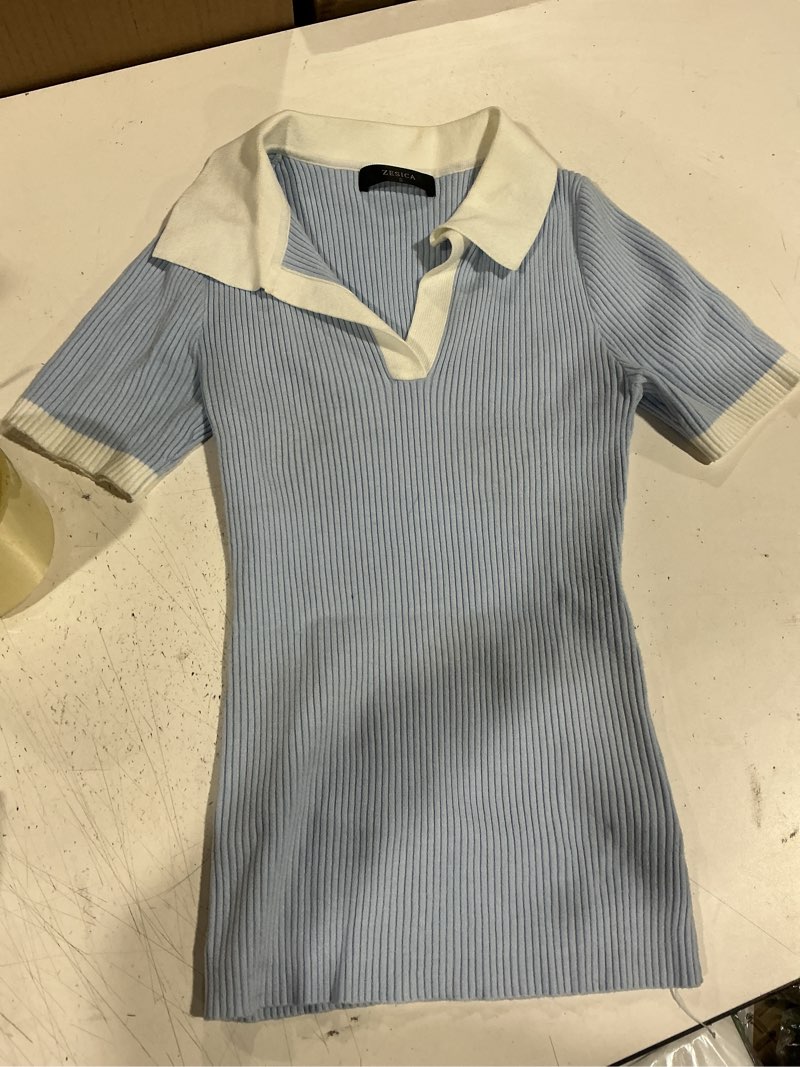 Condition photo showing Good Condition for zesica women's short sleeve v neck t shirts 2026 summer ribbed knit slim fitted basic solid color tee tops small blue