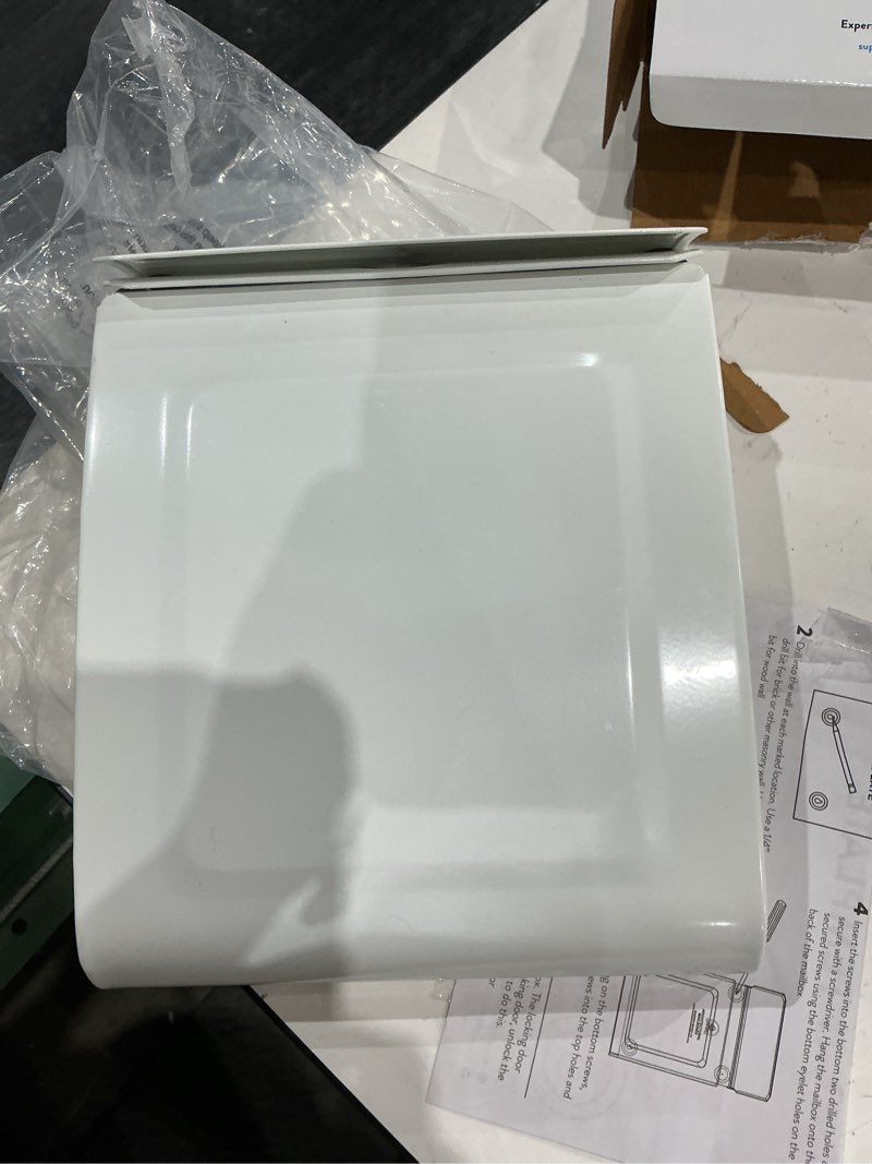 Condition photo showing As Is for architectural mailboxes aspen™ locking, vertical wall-mounted mailbox for outside, modern metal galvanized steel small mail box with lock and key drop box, white