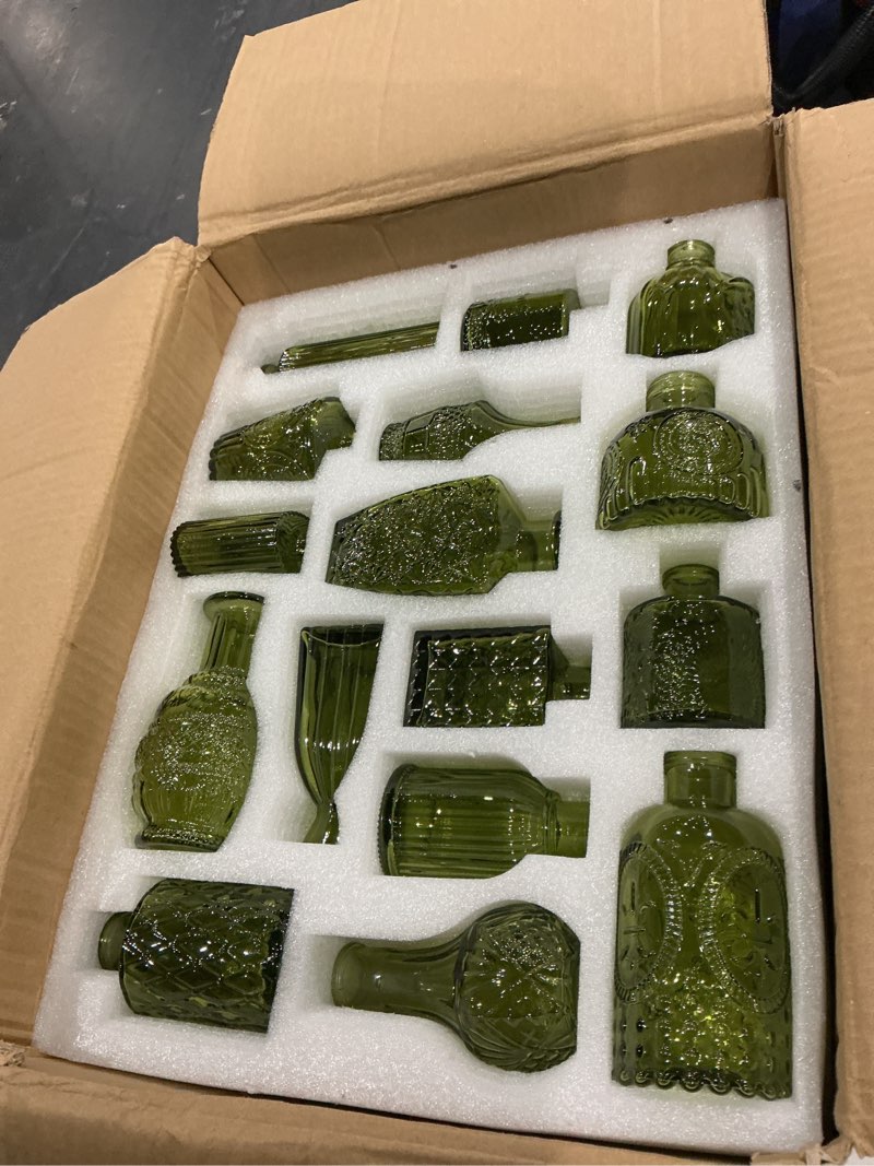 Condition photo showing Good Condition for glass bud vases set of 64 - green assorted small mini glass vases for flowers, crystal vintage vase set, bulk centerpieces for table décor, wedding, home and events (green, 64 pcs) green 64 pcs