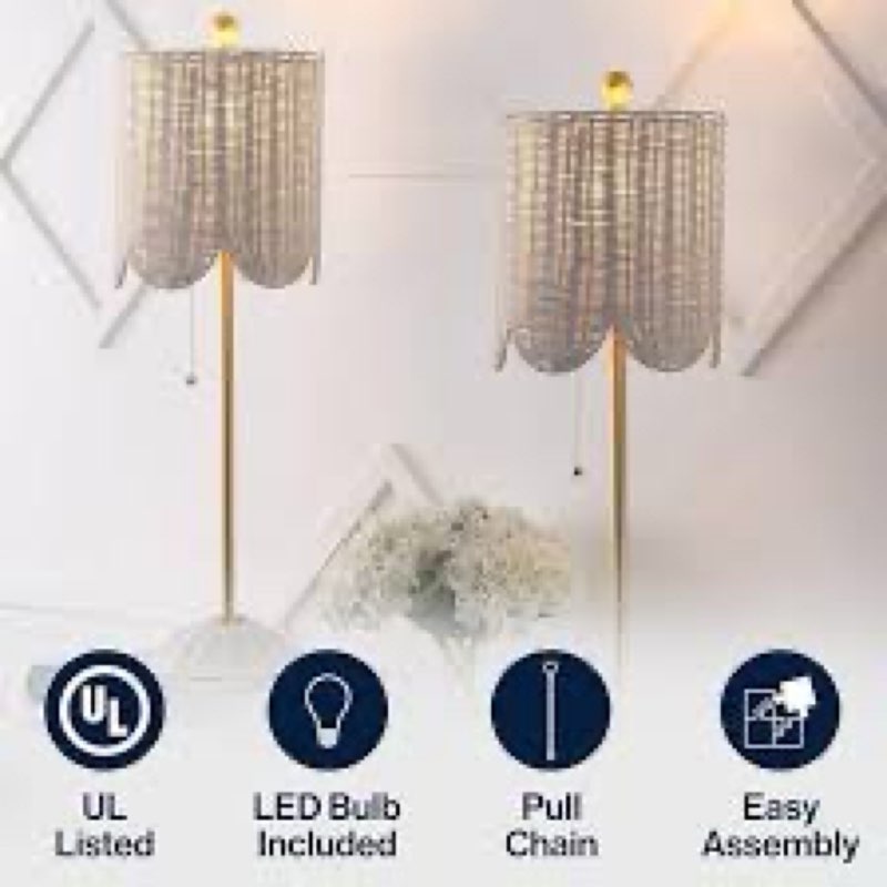 jonathan y jyl1138b-set2 27.5" coastal bohemian table lamp set of 2, rattan buffet lamps with scallo