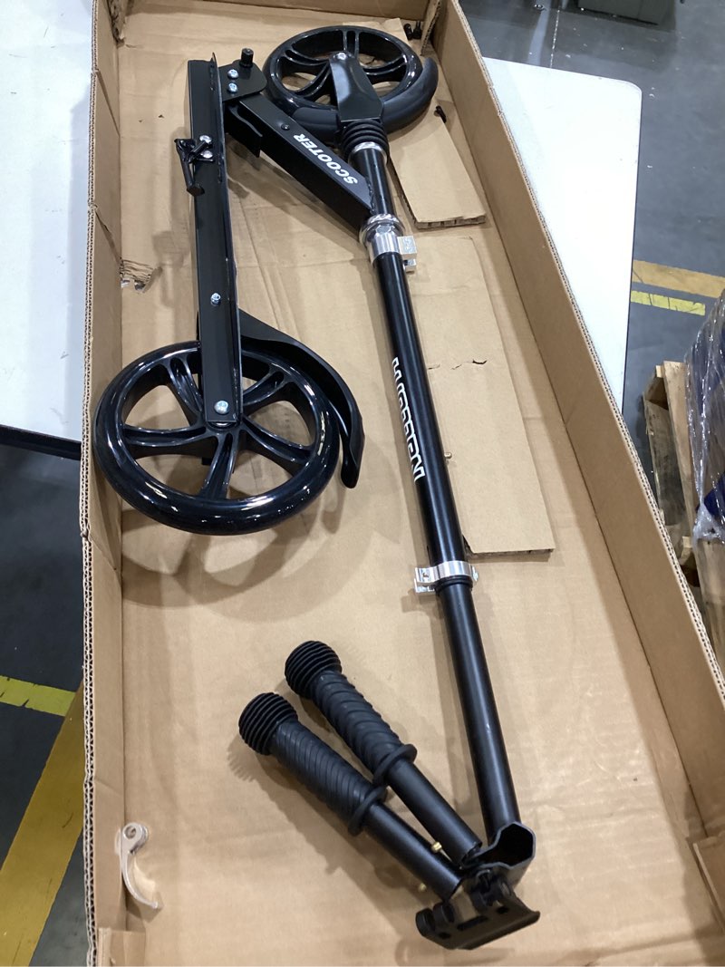 Condition photo showing As Is for scooters for kids 8-12, teens & adults - foldable commuter scooter with bell, hand brake & adjustable height, 220 lb weight capacity, perfect for school, campus, park rides black