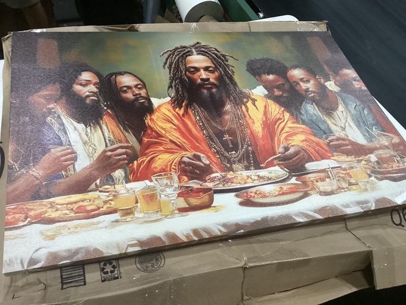 Condition photo showing Good Condition for wwn modern black jesus canvas wall art african american the last supper painting picture wall decor black man christian poster print artwork for kitchen dining room living room bedroom home decoration canvas 36l''x24w''