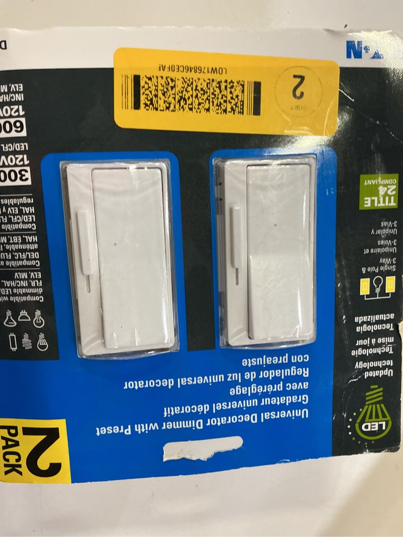 Condition photo showing As Is for eaton universal dimmers single-pole/3-way led decorator light dimmer, white (2-pack)