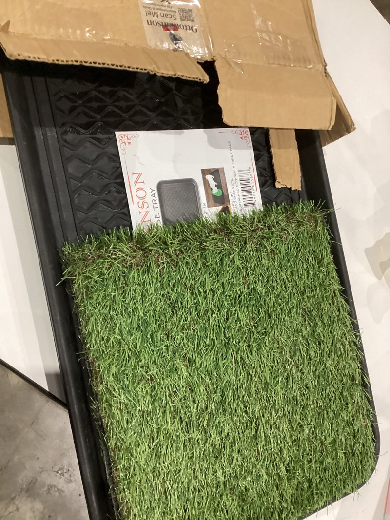 Condition photo showing As Is for Ottomanson Artificial Grass Puppy Potty Training Pad with Tray, 15" x 30" Reusable Pee Pad for Small Pets and Dogs A Black Tray/Grass Pet - 15" x 30"
