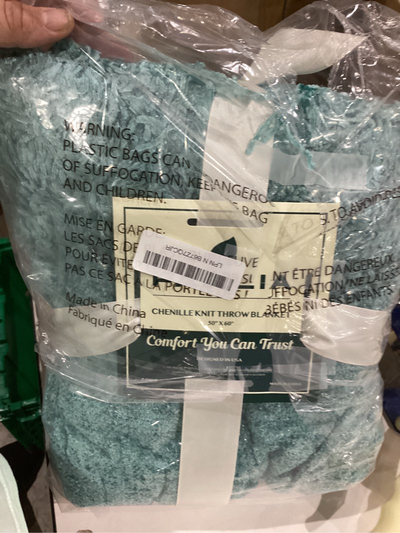 Condition photo showing As Is for pavilia teal chenille throw blanket for couch sofa, soft turquoise throw with tassel, decorative blanket for bed chair living room, teal 50x60 50 x 60 inches - throw teal