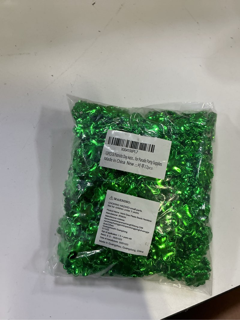Condition photo showing New/Like New for 12pcs st patricks day accessories, shamrock green beads st. patrick's day necklace, irish saint patricks day necklace bulk, st. patricks day 4 leaf clover decorations throw for parade party supplies