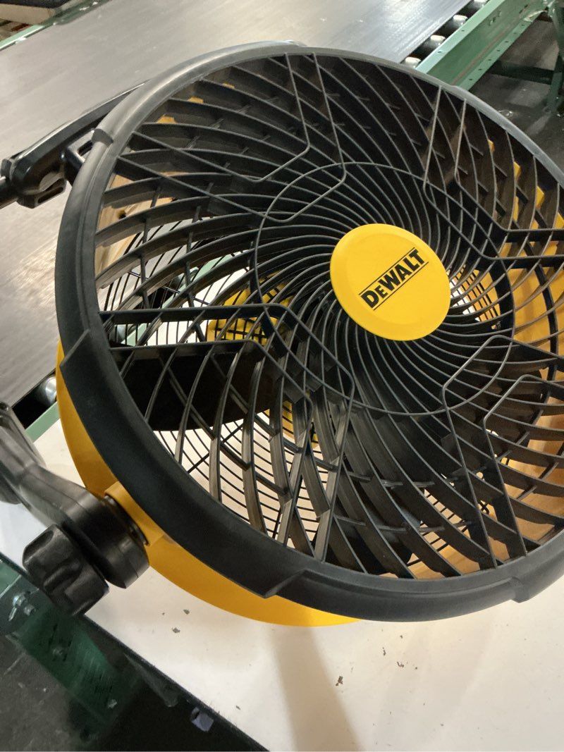 Condition photo showing As Is for dewalt 18-in 20v ac/dc 4000 cfm drum fan (yellow)