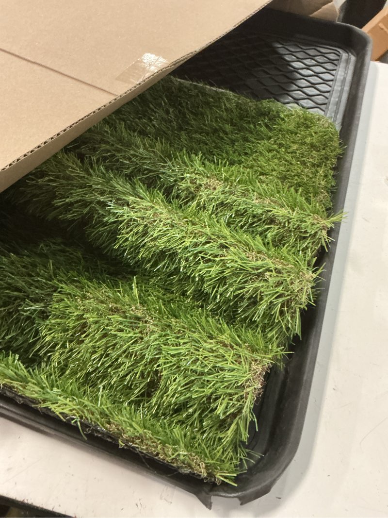 Condition photo showing As Is for ottomanson artificial grass puppy potty training pad with tray, 15" x 30" reusable pee pad for small pets and dogs black tray/grass 1'3" x 2'6" (pet)