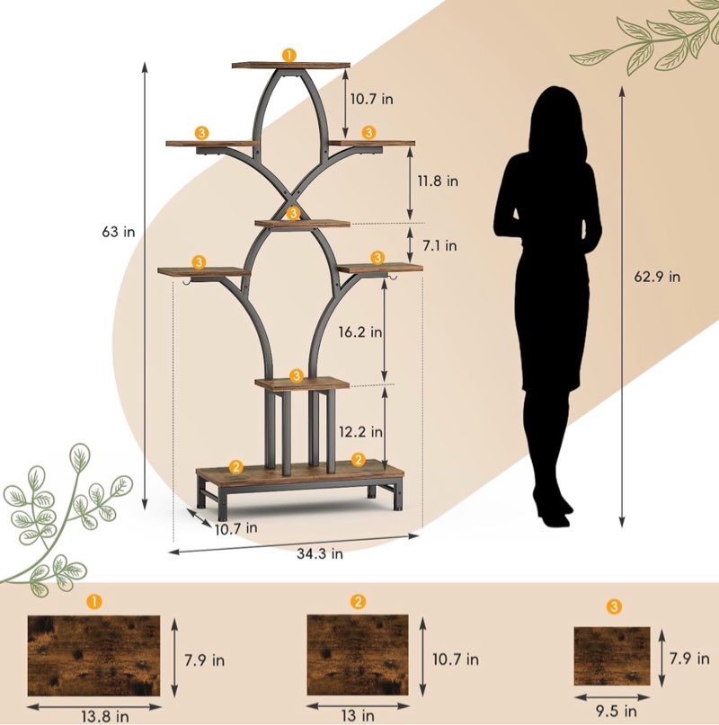Plant Stand Indoor with 4 Grow Lights - 63" Tall Plant Shelf- 8 Tiered Corner Plant Flower Stands Display Shelves for Home, Patio (Brown)
