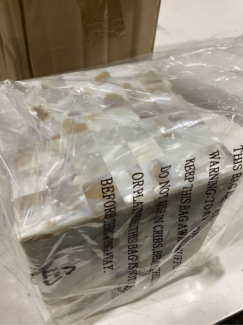 Condition photo showing Good Condition for milano tissue box cover square – decorative tissue holder for bathroom - beautiful natural mother of pearl capiz shells tissue box holder - cube tissue box cover with durable bottom slider square tissue box cover