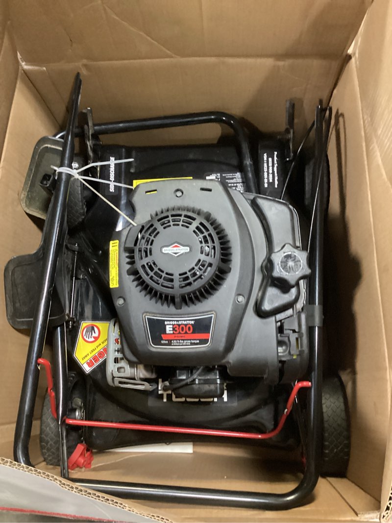 Condition photo showing As Is for hyper tough 20" 125cc gas powered walk-behind push lawn mower with briggs & stratton engine, black