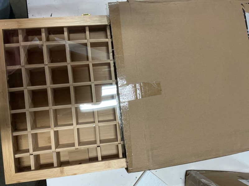 Condition photo showing New/Like New for autoark adjustable rock display case with 56 compartments,bamboo wood large rock collection box for crystals minerals stones storage and display,large,ahk-064
