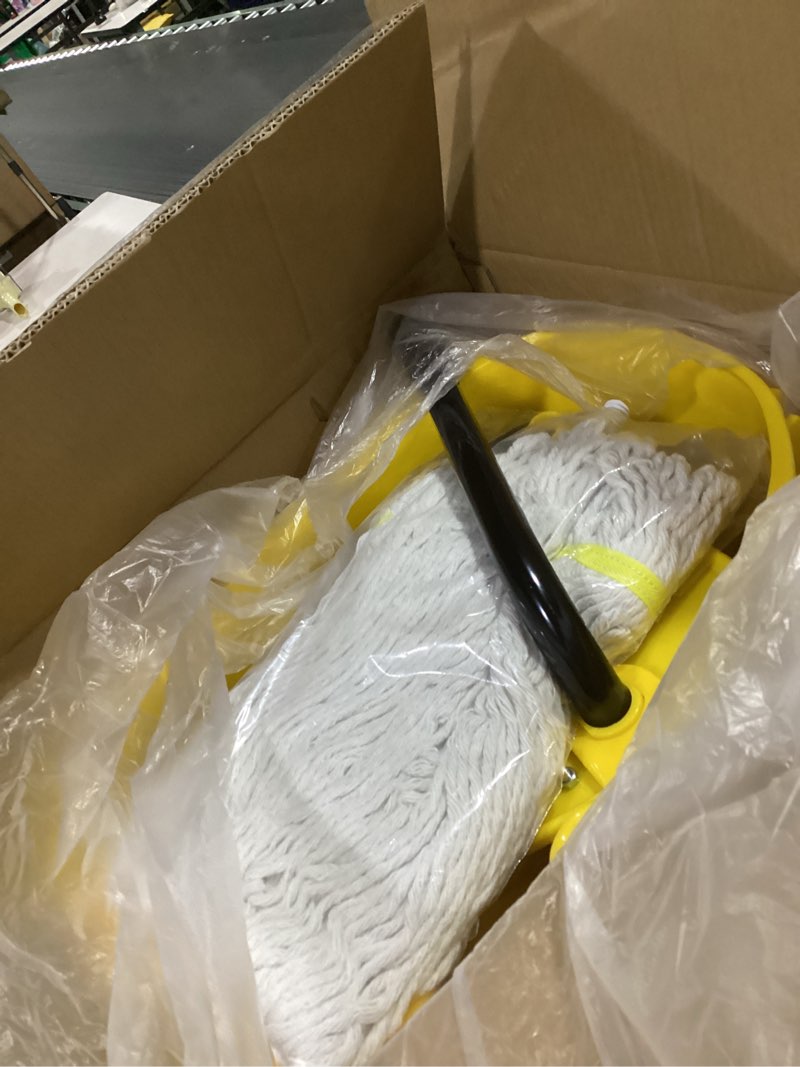 Condition photo showing New/Like New for 38 qt commercial mop bucket with side press wringer on wheels and mops set for floor cleaning,including 1 industrial mop and wet floor caution sign,yellow,beyoco yellow bucket set 1 pack
