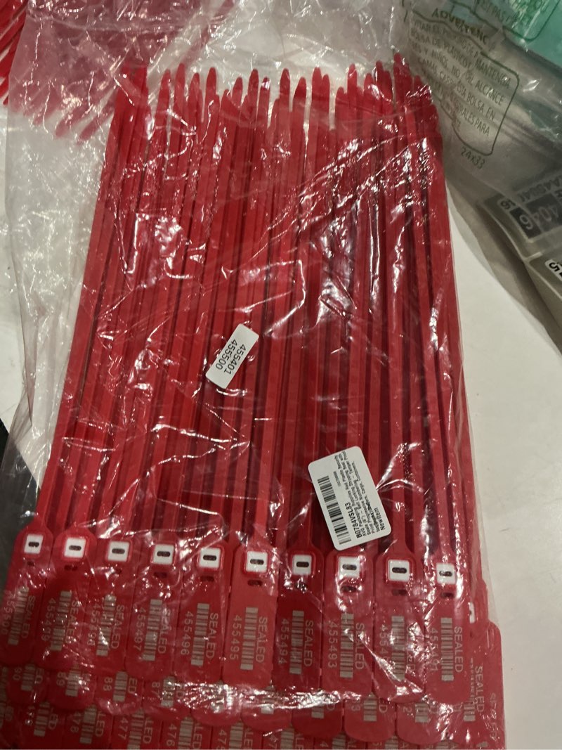 Condition photo showing New/Like New for red plastic security seals (8") - self locking shipping seal with print progressive numbering – tamper proof for trucks, trailers, cargo, containers, luggage (100ct) 100 count