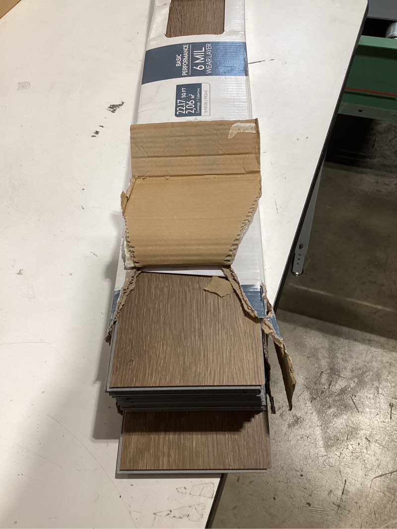 Condition photo showing Good Condition for style selections brown 6-in wide x 4-2/5-mm thick waterproof interlocking luxury vinyl plank flooring (22.17-sq ft)