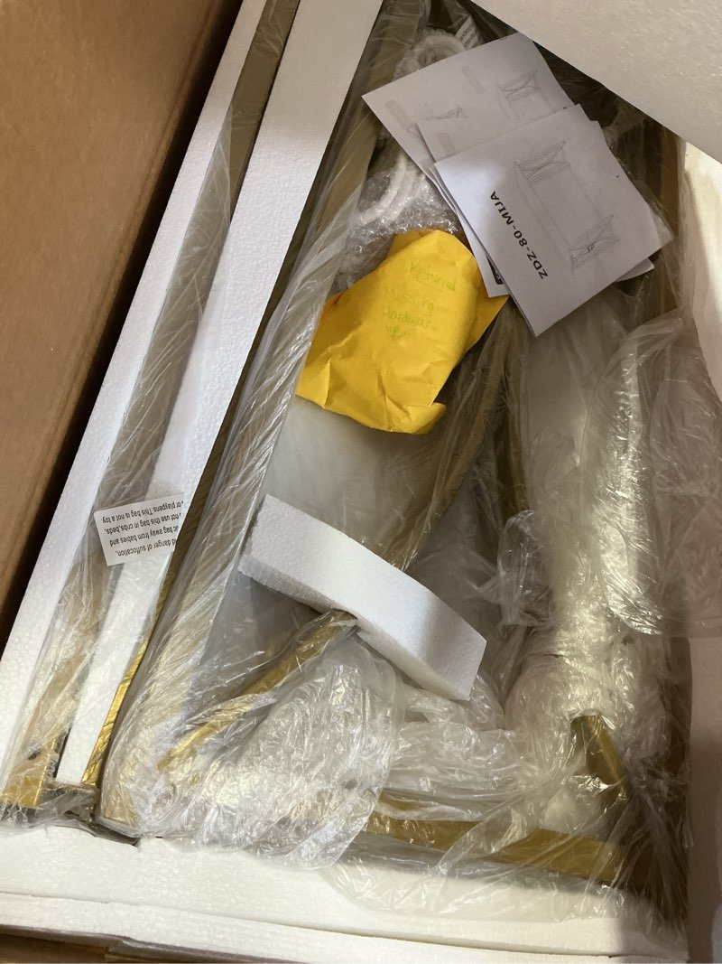 Condition photo showing Good Condition for folding desk, 31.5" small desk for bedroom with power outlet, space saving foldable computer desk for home office, easy assembly, white and gold