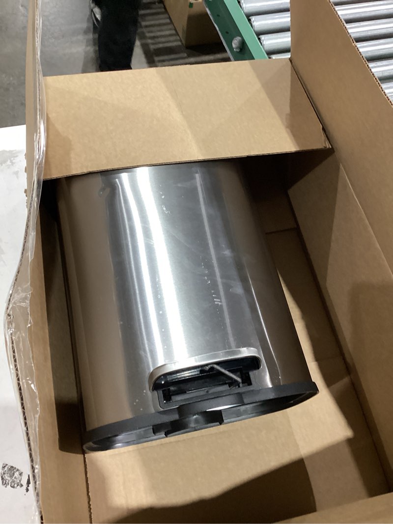 Condition photo showing As Is for Amazon Basics Smudge Resistant Small Rectangular Trash Can With Soft-Close Foot Pedal, Brushed Stainless Steel, 12L/3.2 Gal, 11.3x9.9x15.1 in, Satin Nickel Finish Satin Nickel Small, 12L/3.2 Gal