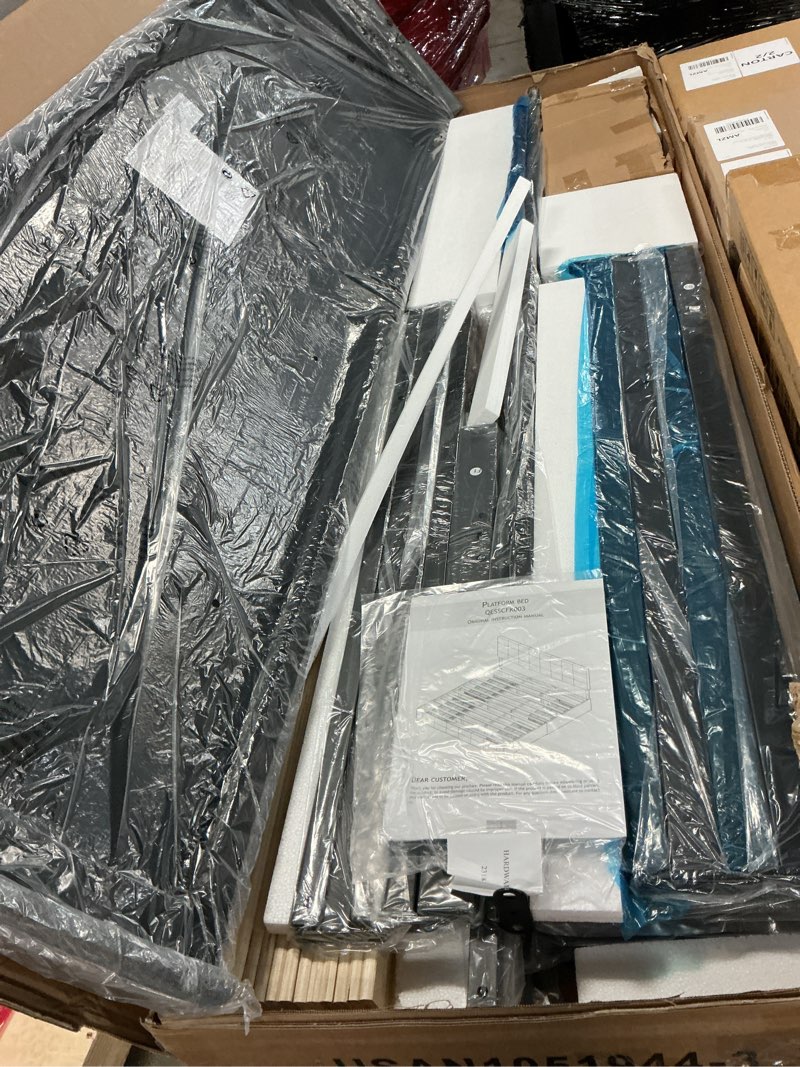 Condition photo showing New/Like New for upholstered king size platform bed frame with 4 storage drawers