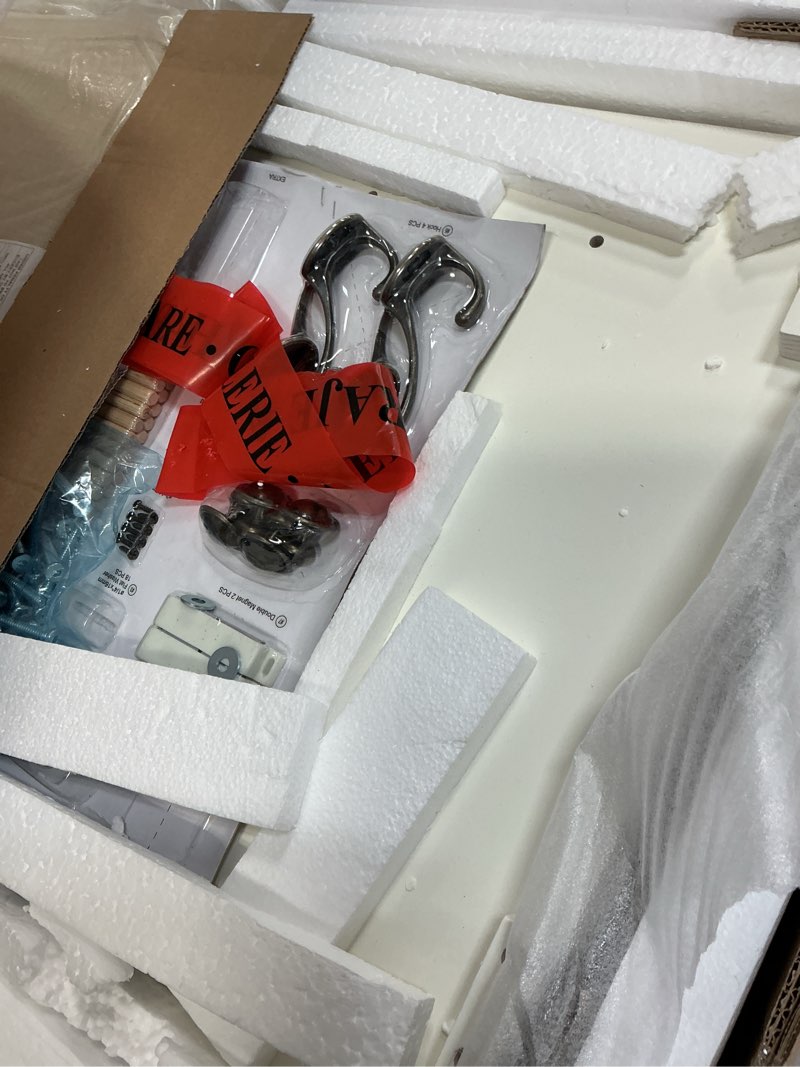 Condition photo showing New/Like New for crosley furniture holbrook hall tree with shoe rack bench and coat hooks for hanging storage, distressed white