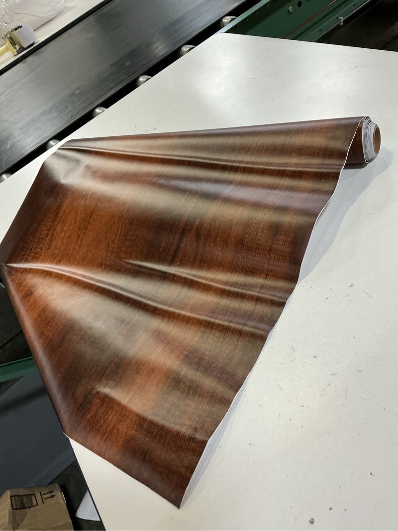 Condition photo showing As Is for redodeco adhesive wood grain paper peel and stick furniture stickers wallpaper cabinets wardrobe contact paper,15.8inch by 98in (dark brown)