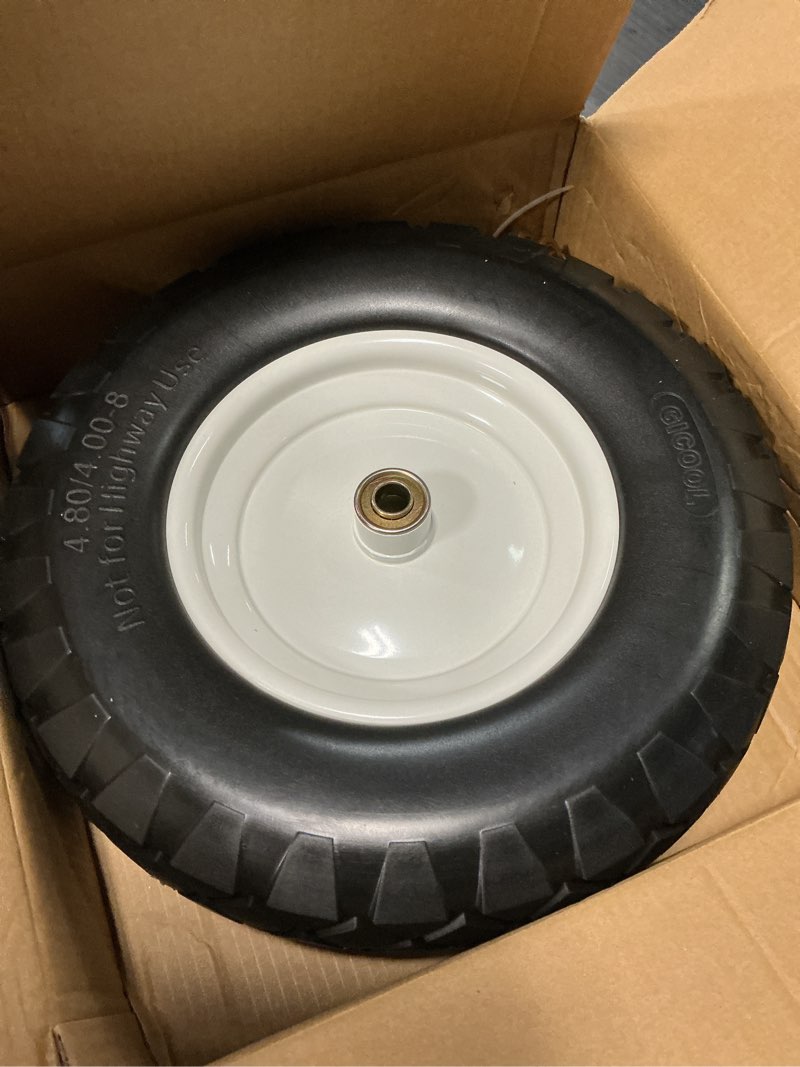 Condition photo showing Good Condition for 4.80/4.00-8" wheelbarrow tire, 16" flat-free solid tire and wheel, 3-6" centered hub, 5/8" & 3/4" bearing, for broadcast spreader garden wagon cart trolley dolly (1 pack)