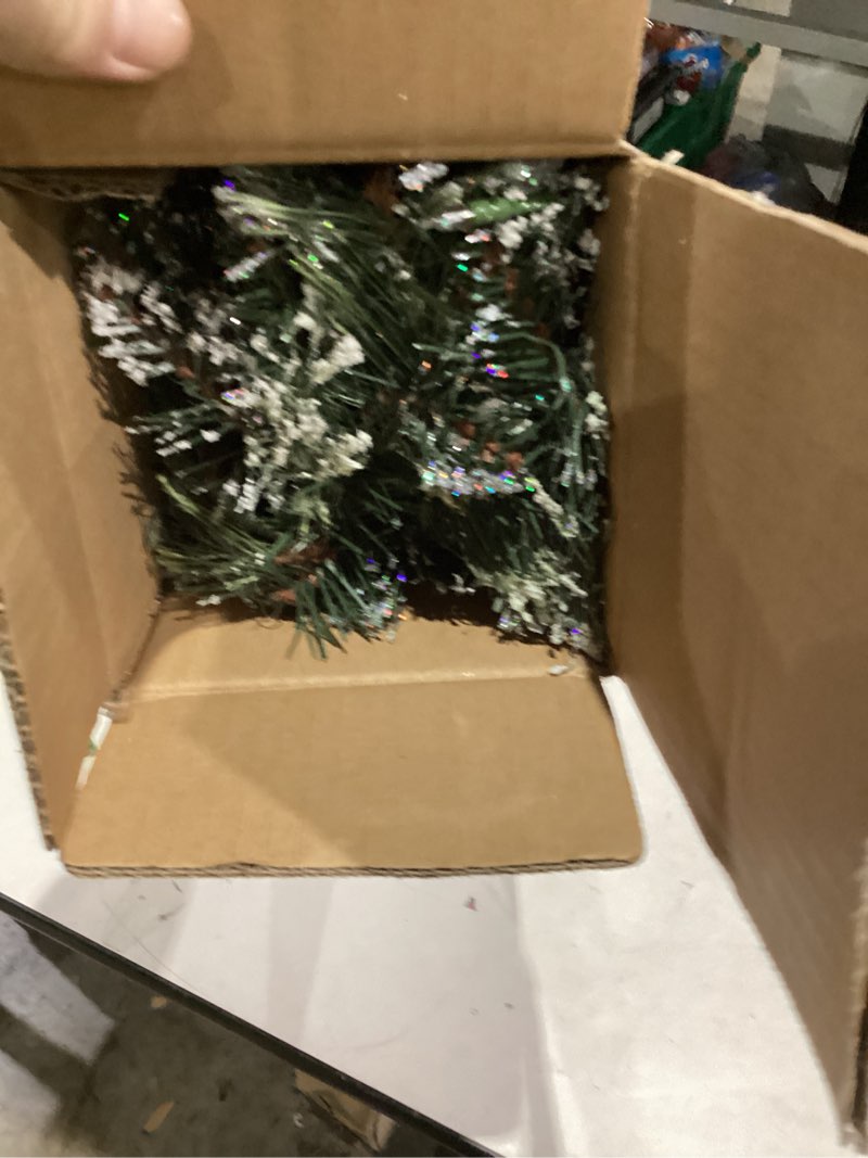 Condition photo showing As Is for National Tree Company 6 ft Pre-Lit Glittery Bristle Artificial Christmas Garland, Christmas Decoration with Pinecones, 50 Clear LED Lights, 138 Tips, Timer, Green