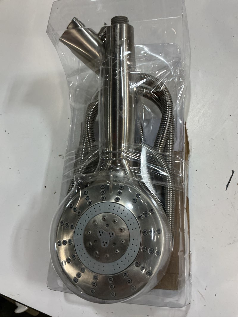 Condition photo showing As Is for sprite pure spray brushed nickel round rain handheld shower head 2.5-gpm (9.5-lpm)