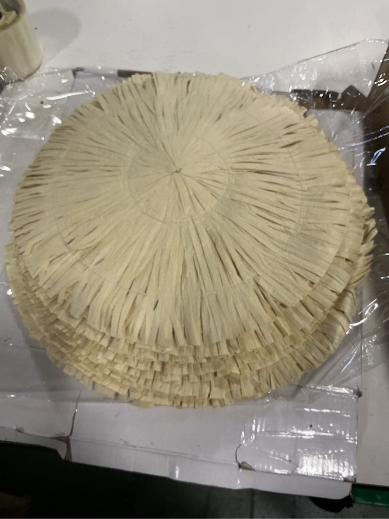 Condition photo showing New/Like New for Fovths 8 Pcs Hawaii Luau Placemats Bulk 13 Inch Woven Boho Fringe Place Mats Round Straw Fringe Chargers Macrame Heat Resistant Grass Table Mat for Tropical Luau Party Hawaii Dining Table Decorations