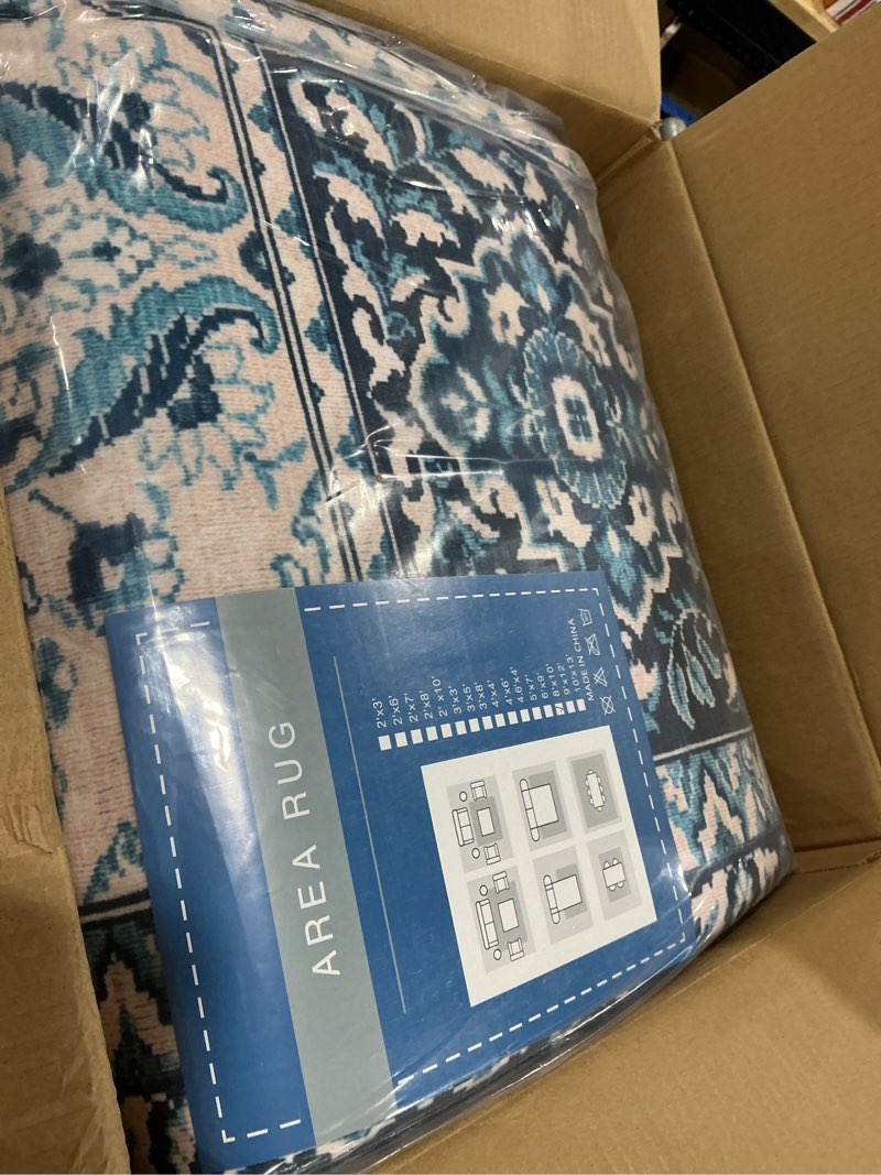 Condition photo showing New/Like New for geometric trellis area rug - vintage medallion distressed design, machine washable, stain resistant & non-slip indoor accent rug for living room & bedroom blue 8' x 10' (rectangular)