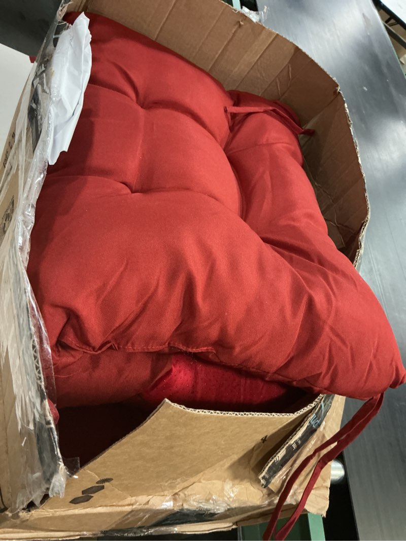 Condition photo showing As Is for marsui 2 pcs outdoor indoor high back chair cushions patio furniture tufted pillow with ties water-resistant replacement outdoor rocking chair cushions, 42 x 21 inches (orange red,solid color) 2 orange red solid color