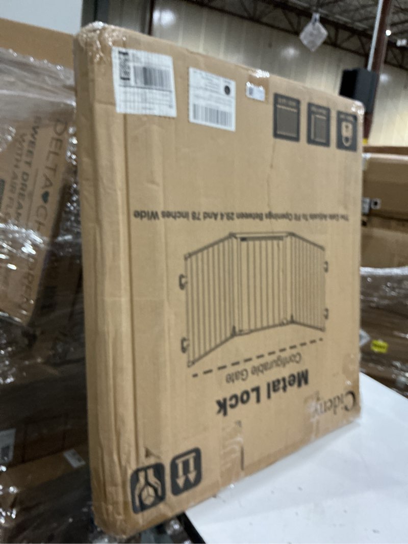 Condition photo showing New/Like New for 29.4-78" extra wide baby gate, long dog gates indoor for doorways stairs, essential large safety gate for child toddler with anti-trip pedal, adjustable pet gate, 28" tall 3 metal panels black