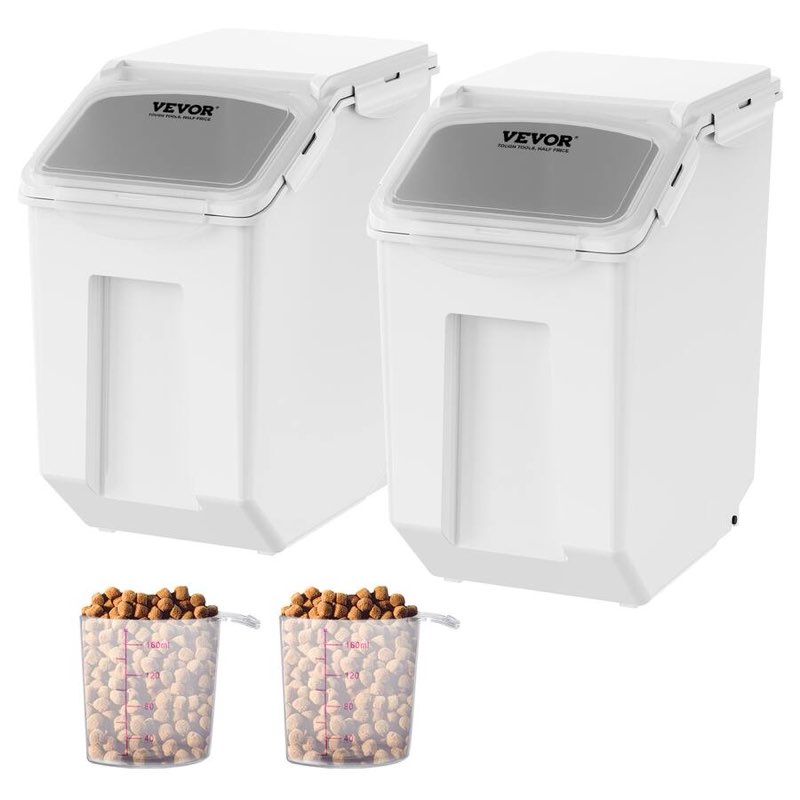 vevor - ingredient storage bin, 2 x 15l dispenser bin with 2 measuring cups, attachable casters and airtight lid - white 