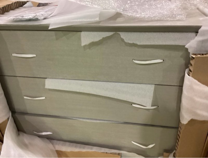 Condition photo showing New/Like New for  ming 3-drawer chest, gray (missing hardware and legs)